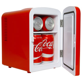 Koolatron Coca-Cola mini fridge red on a desk, compact cooling for workspaces