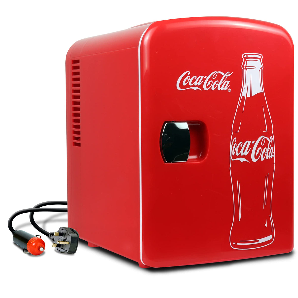 Koolatron Coca-Cola mini fridge red front view, six-can capacity for desk or dorm