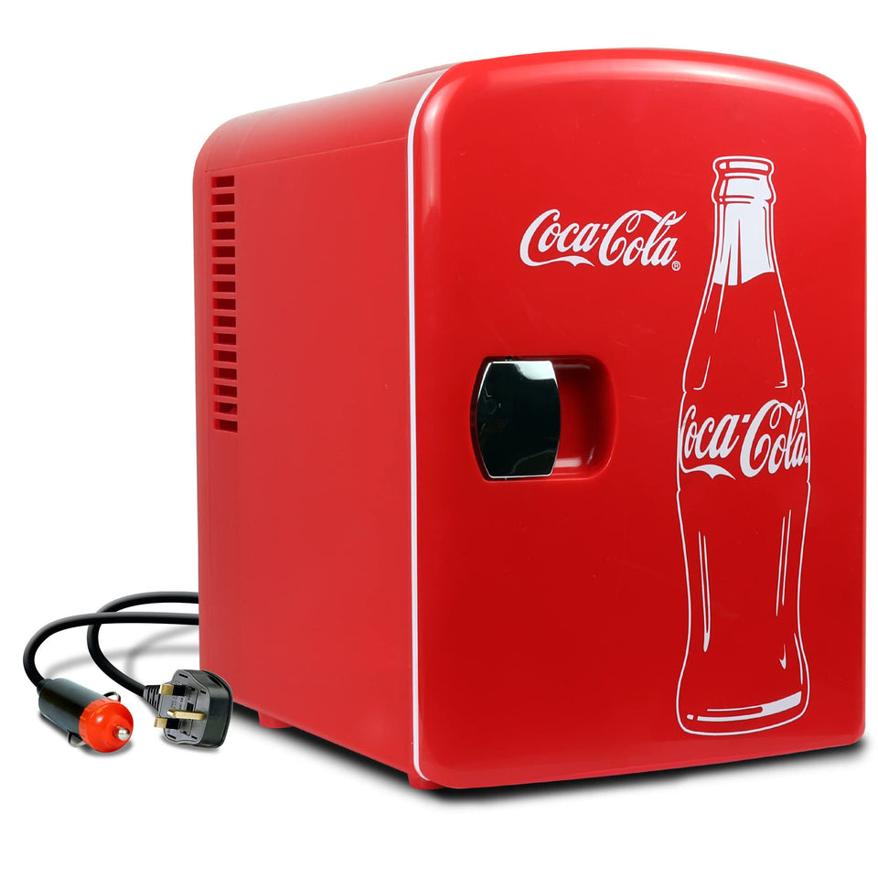 Koolatron Coca-Cola mini fridge red front view, six-can capacity for desk or dorm