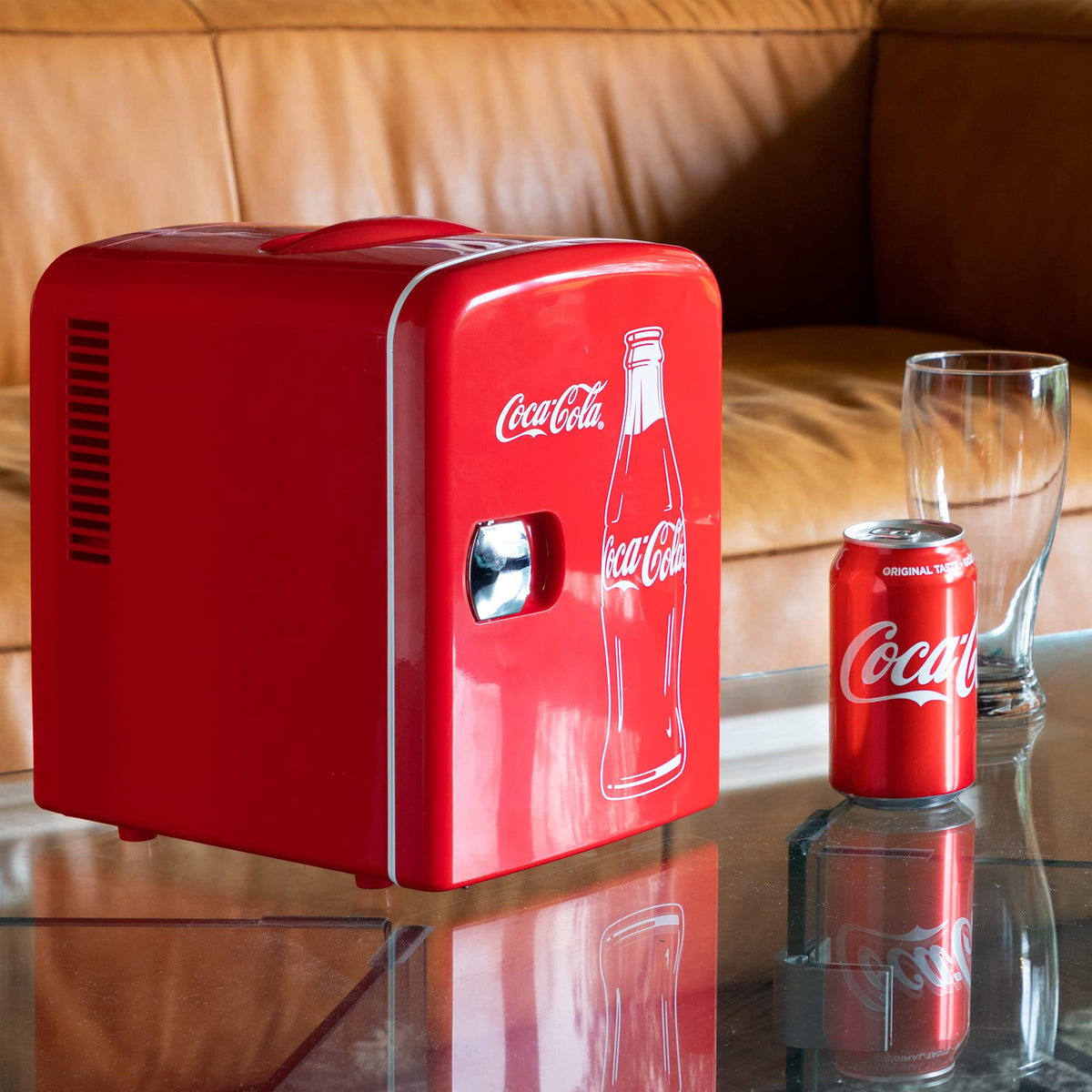 Koolatron Coca-Cola mini fridge red interior showing space for six cans