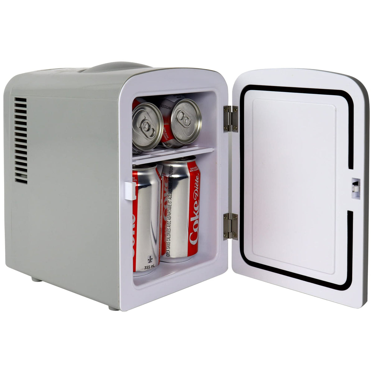 Koolatron DC04 side view showing compact silhouette and retrofit Diet Coke branding