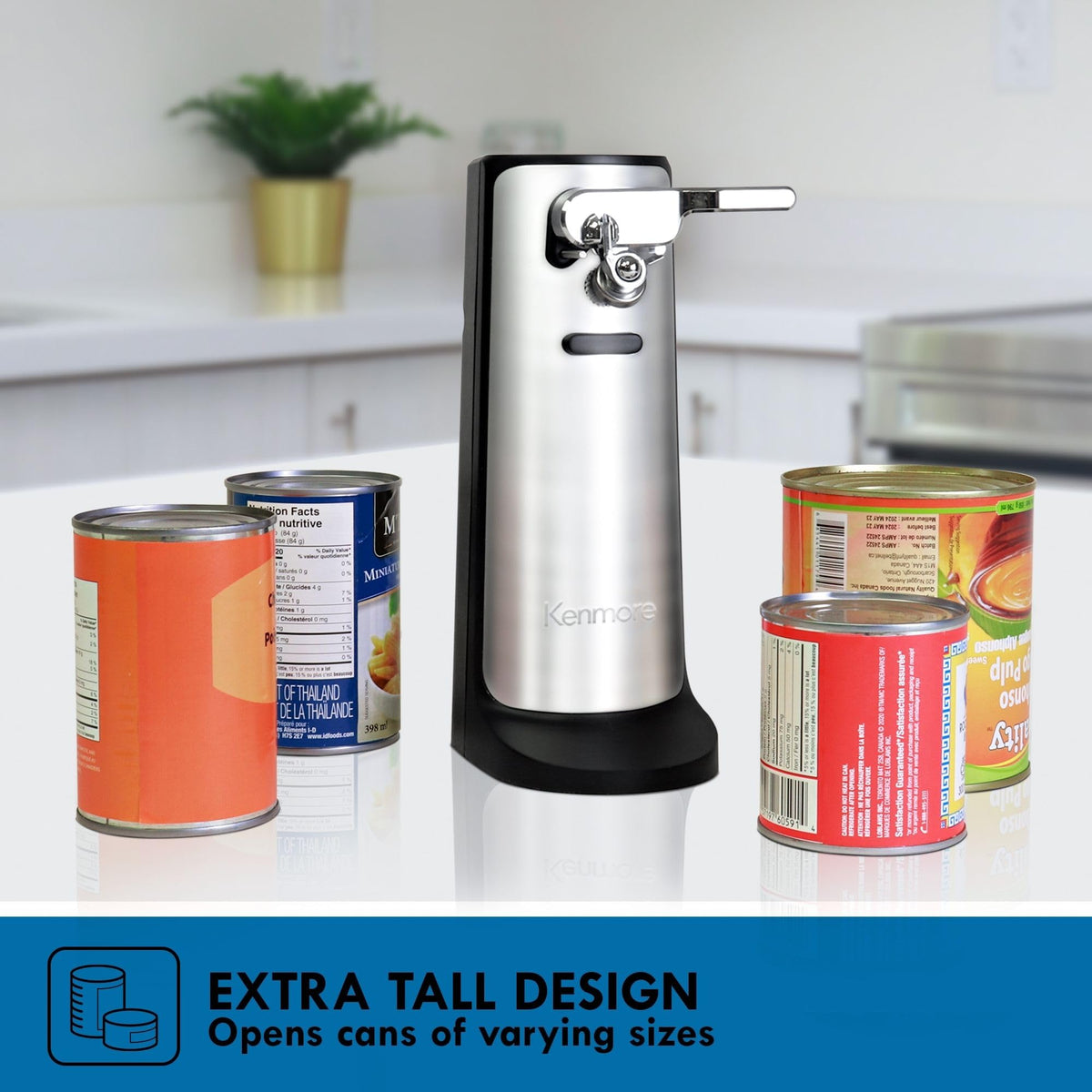 Koolatron Kenmore can opener includes knife sharpener for convenient kitchen maintenance.