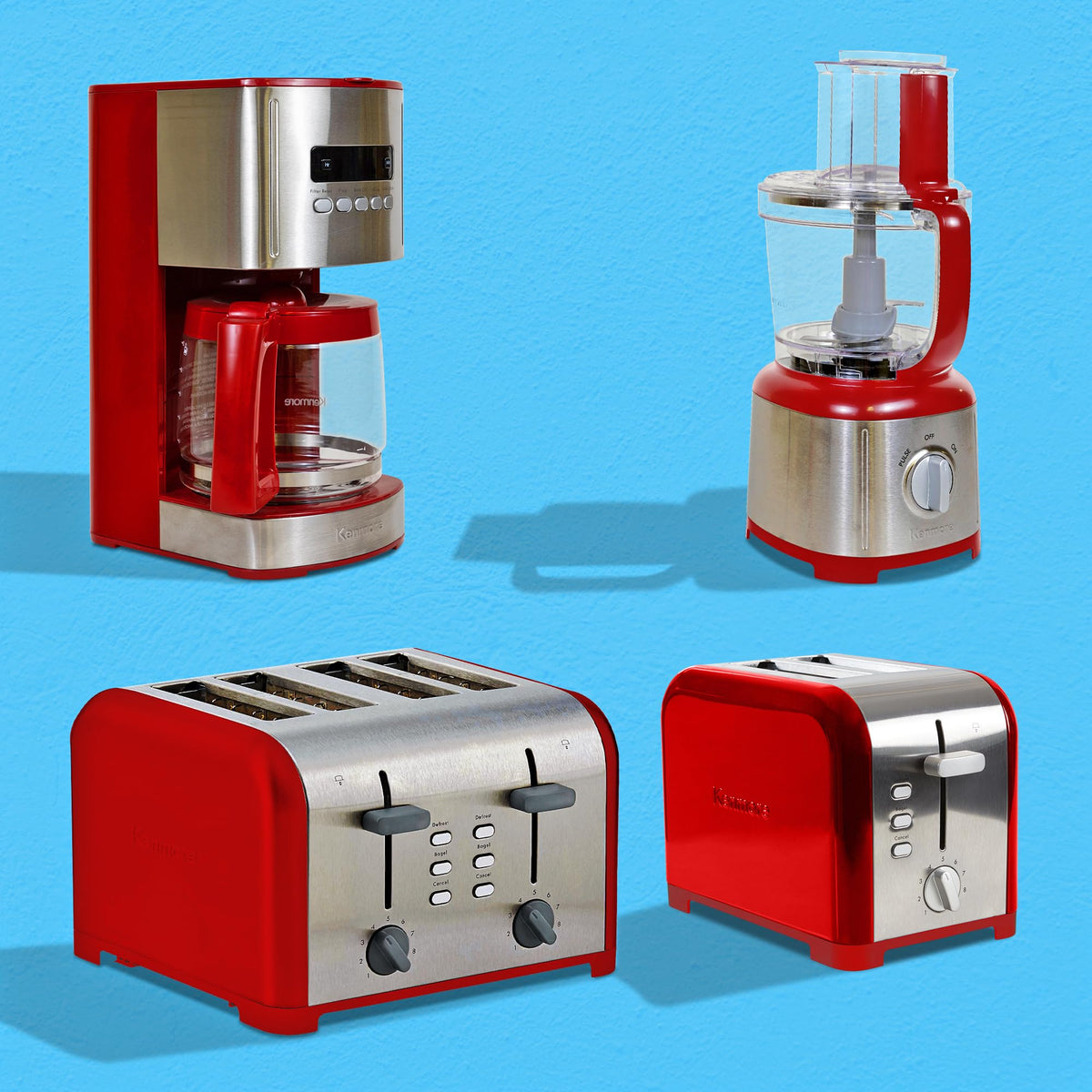 Red design of Koolatron Kenmore adds vibrant kitchen appeal.