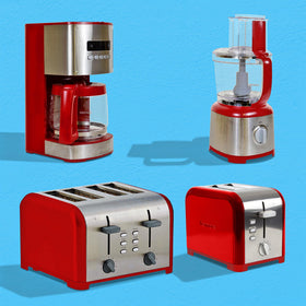 Red design of Koolatron Kenmore adds vibrant kitchen appeal.