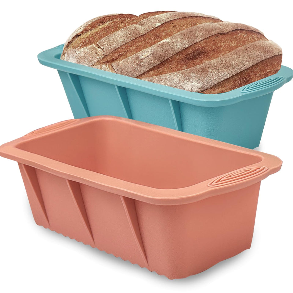 Koolstuffs silicone bread loaf pan set in dual colors for easy identification and effortless release
