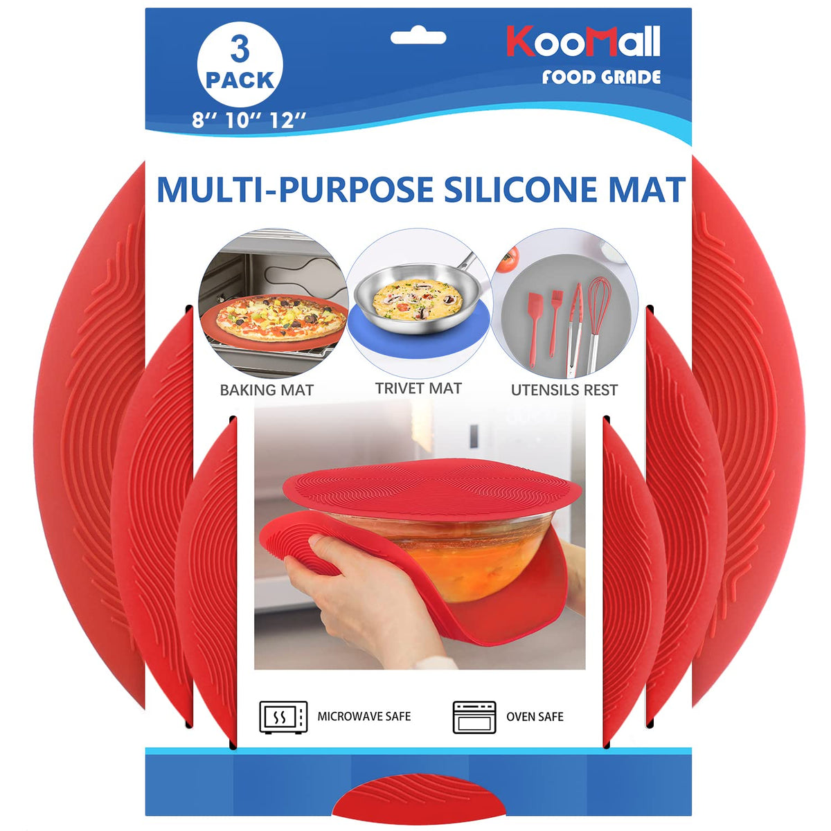 KooMall 12-inch multi-use silicone mat shown on a counter for heat protection and easy handling