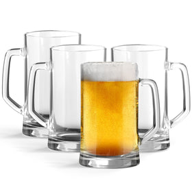 KooK beer mugs set of four with clear glass and easy-to-grip handles.