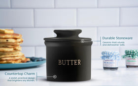 Durable ceramic speckled stoneware blends with kitchen decor.