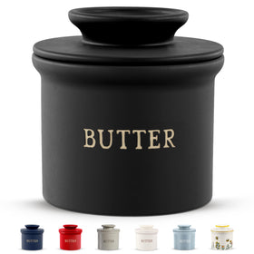 KooK butter crock with lid on counter keeps butter soft and ready to spread.