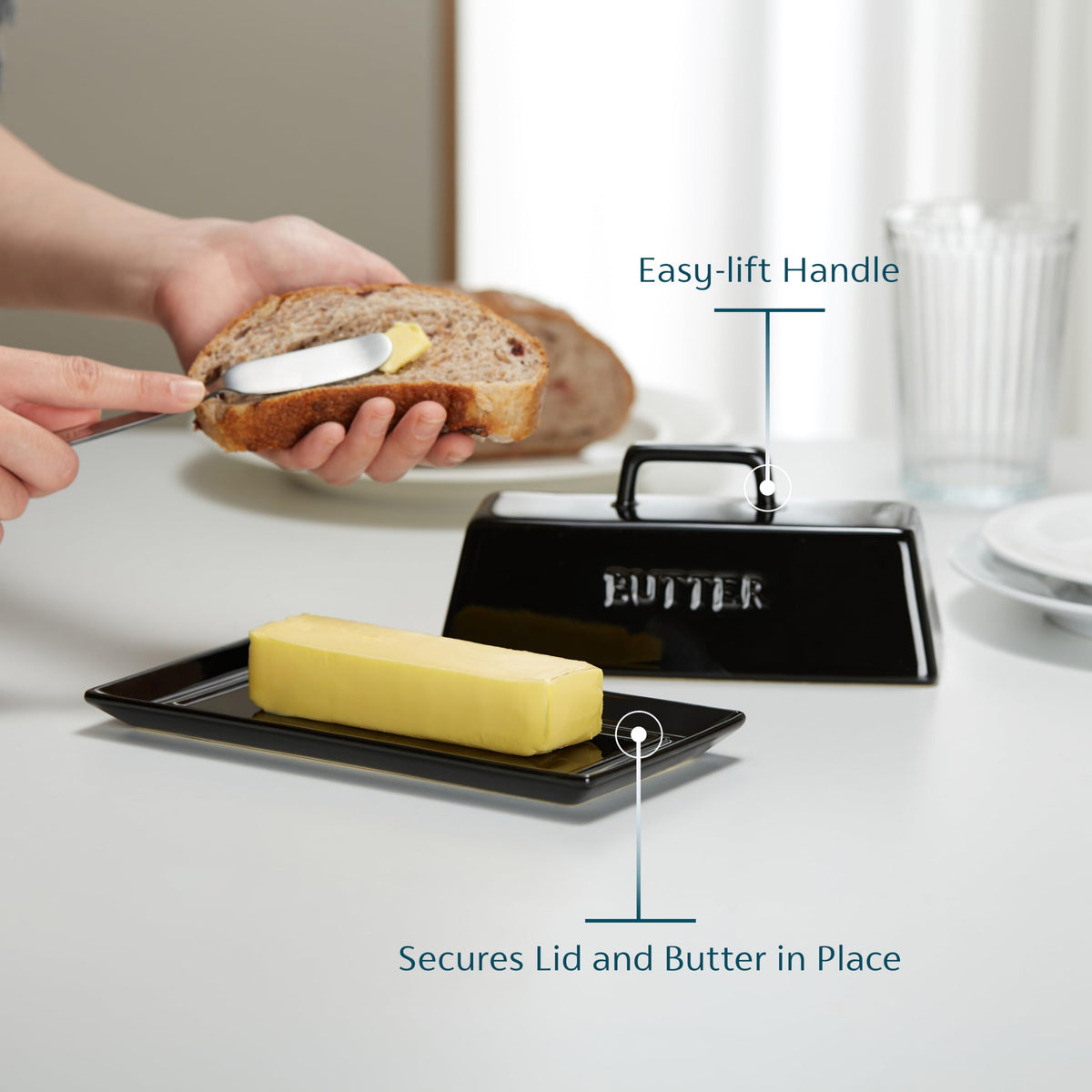 KooK butter dish on countertop adds style while protecting butter from residues.
