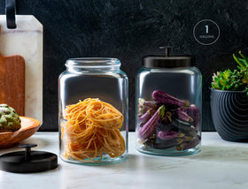 KooK kitchen canisters on shelf highlight large capacity and clarity