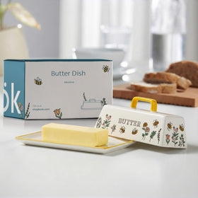 KooK Meadow butter dish on countertop keeps butter ready to use.