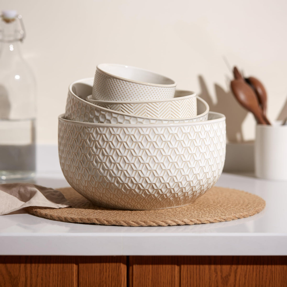 KooK Narbonne ivory bowls with embossed pattern add elegant texture to meals