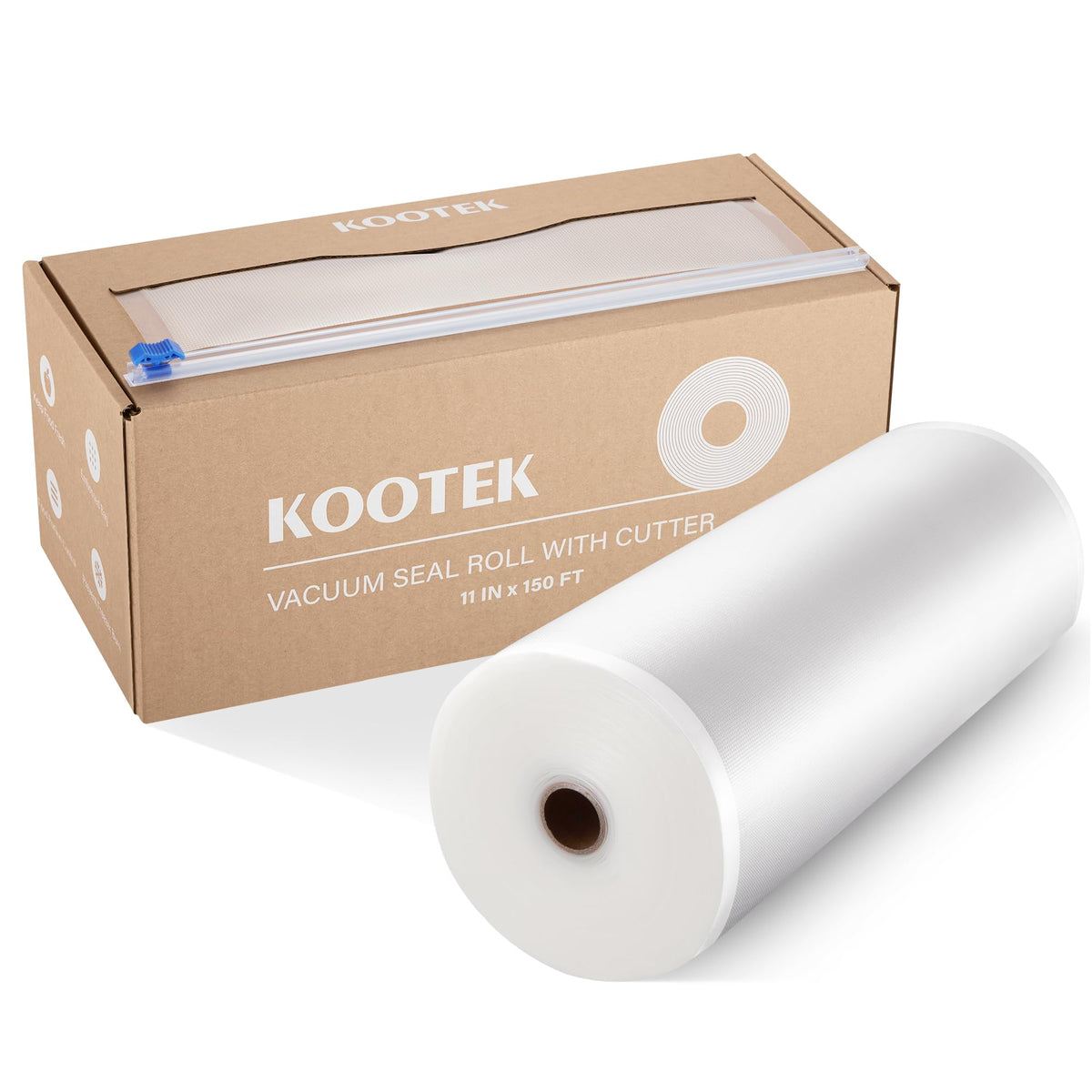 Kootek 11x150 vacuum sealer bags roll with cutter box for precise bag sizing.
