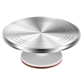 Kootek 12-inch aluminum cake turntable provides sturdy decorating support.