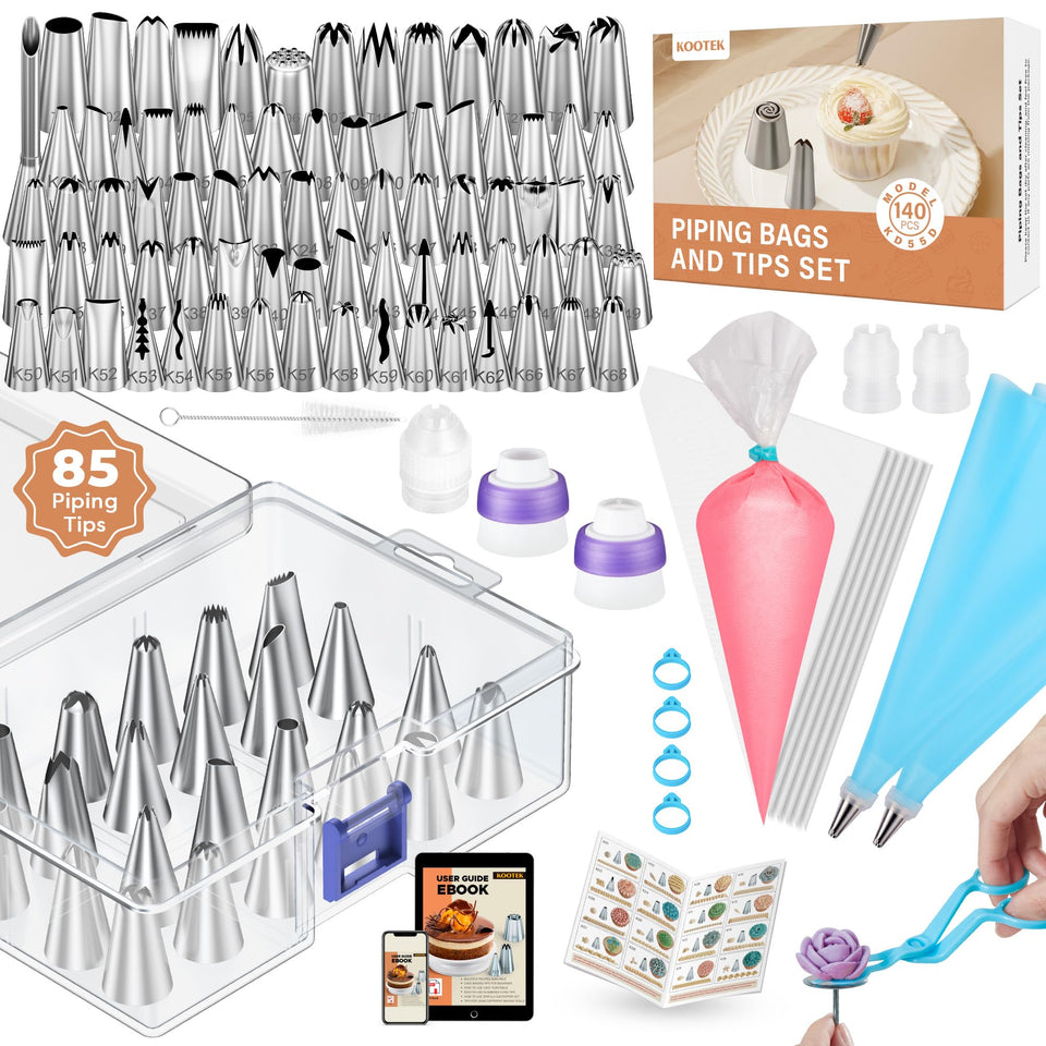 Kootek 140Pcs icing bags and tips set displayed for beginners
