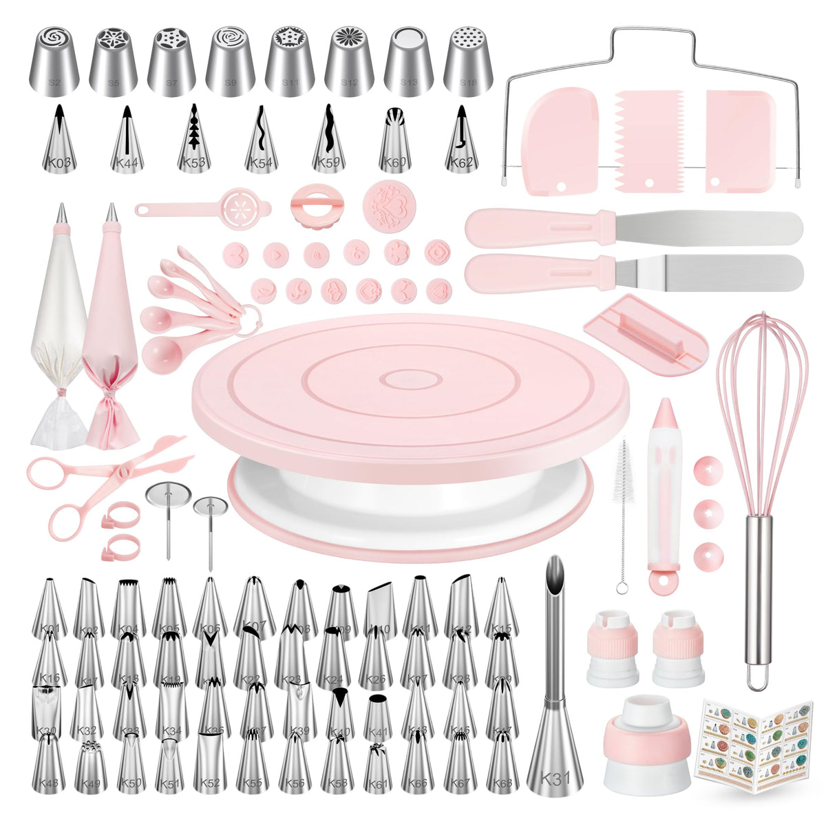 Kootek 158pcs cake decorating kit on a spinning turntable for smooth, even decorating.