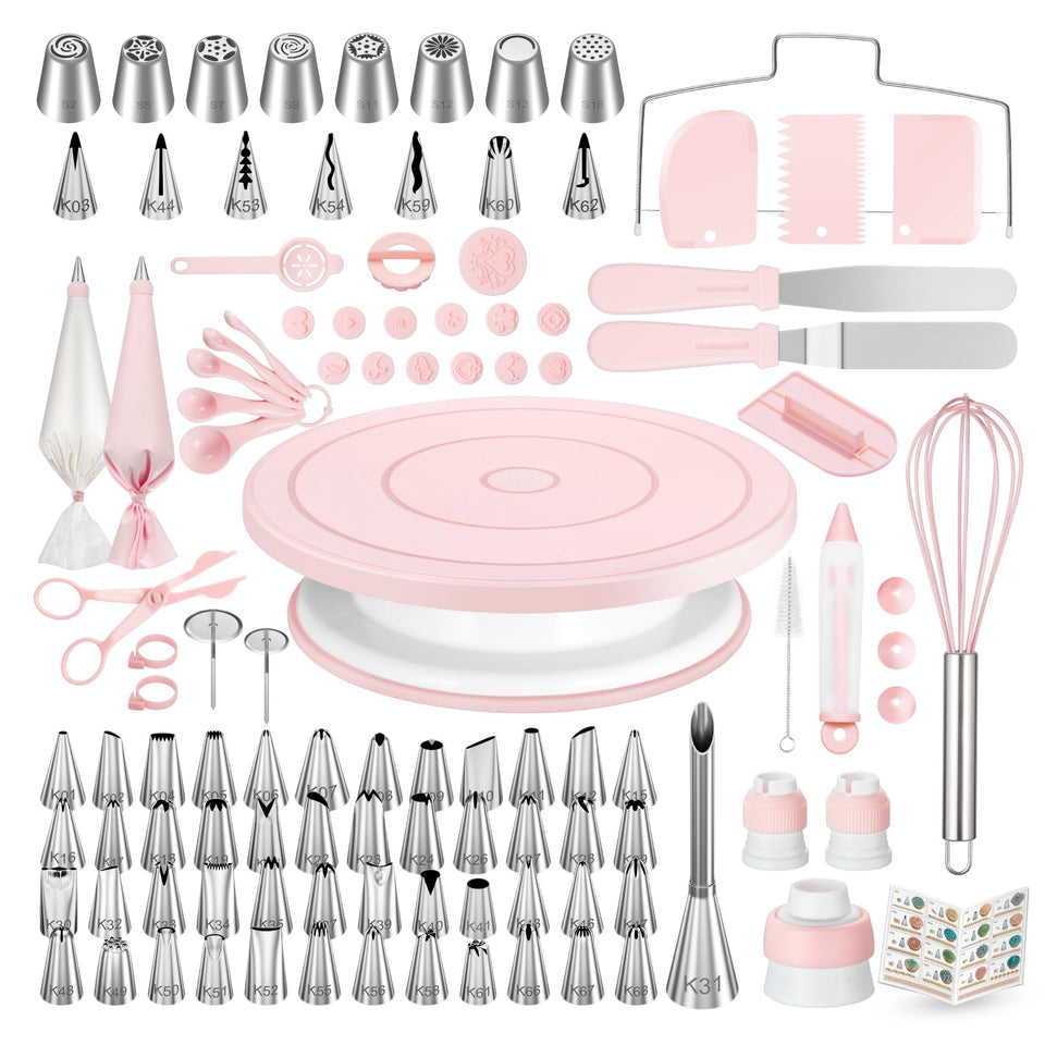 Kootek 158pcs cake decorating kit on a spinning turntable for smooth, even decorating.