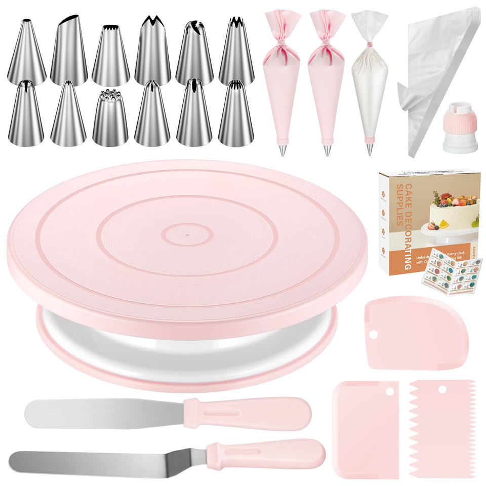 Kootek 71pcs cake decorating kit on turntable for pro-looking cakes.