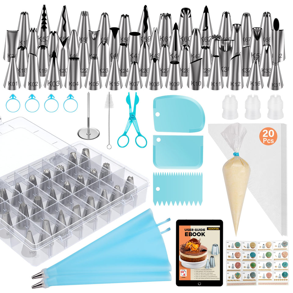 Kootek piping kit contents with tips for versatile decorating