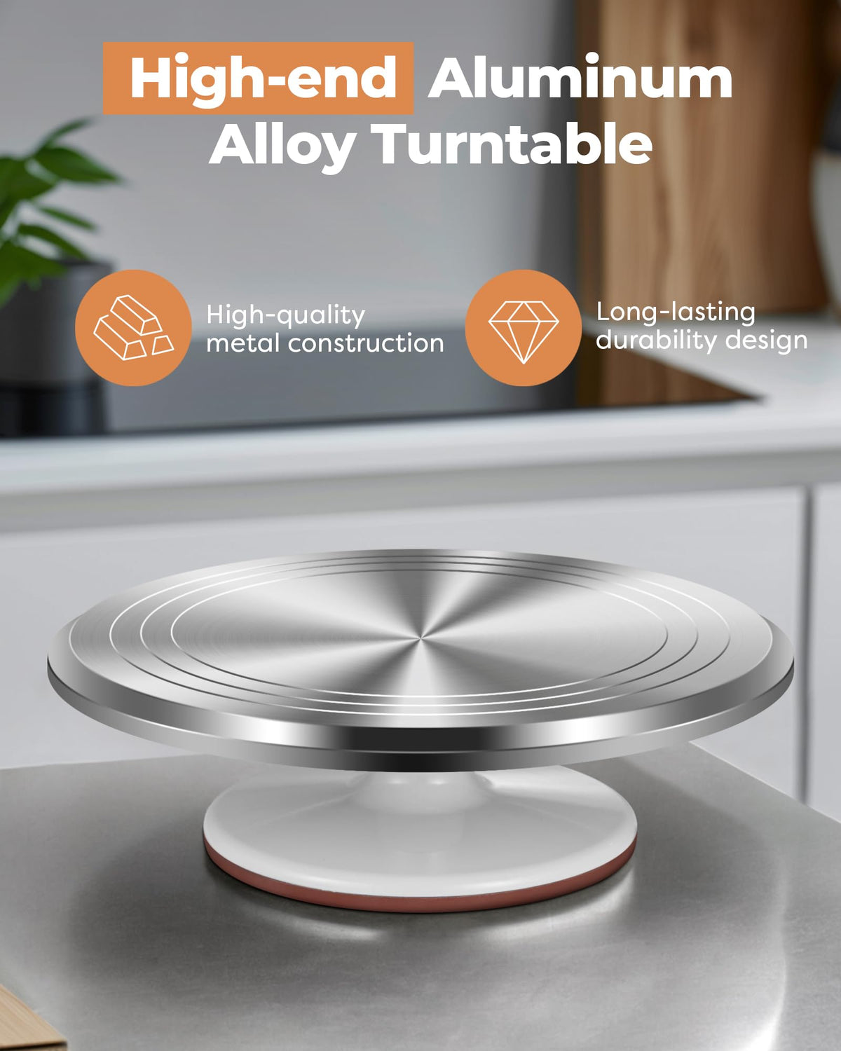 Kootek cake turntable features guiding lines for precise placement.
