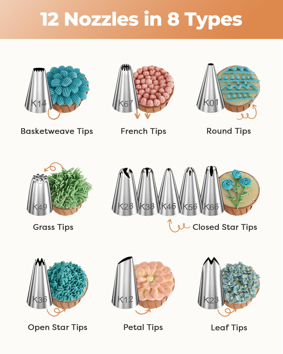 Kootek 12 piping tips set enabling detailed borders and flowers