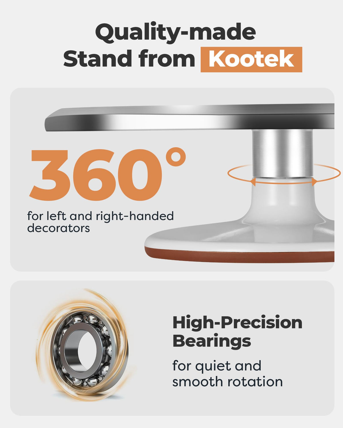 Kootek revolving cake stand with hidden ball bearings for smooth rotation.