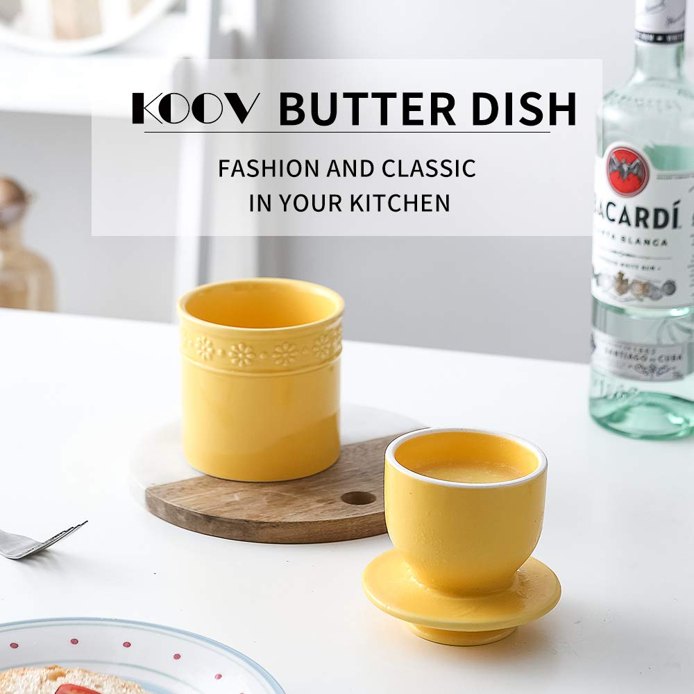 KOOV butter dish with airtight lid presents retro yellow design on counter