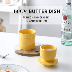 KOOV butter dish with airtight lid presents retro yellow design on counter