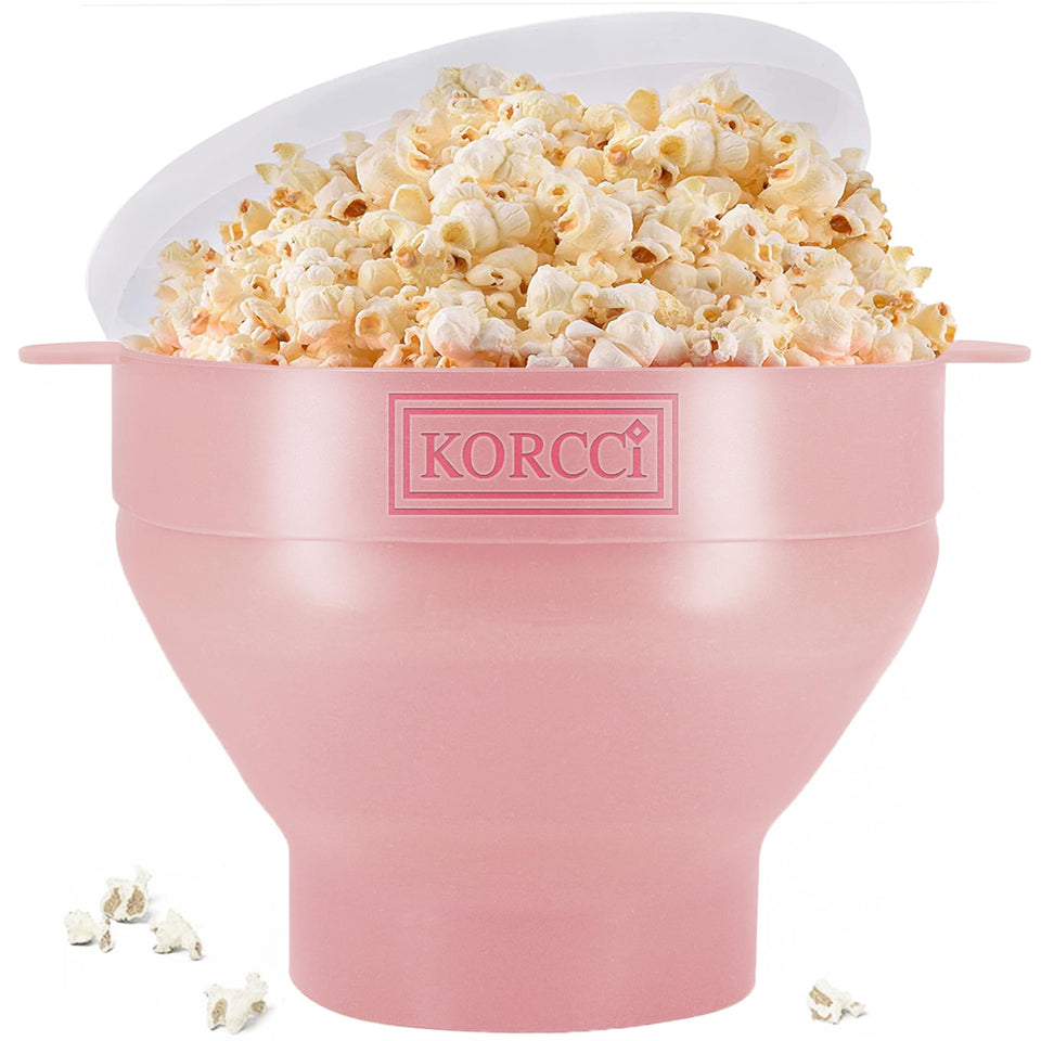 Korcci popcorn popper in full bowl shows large capacity for family movie night.