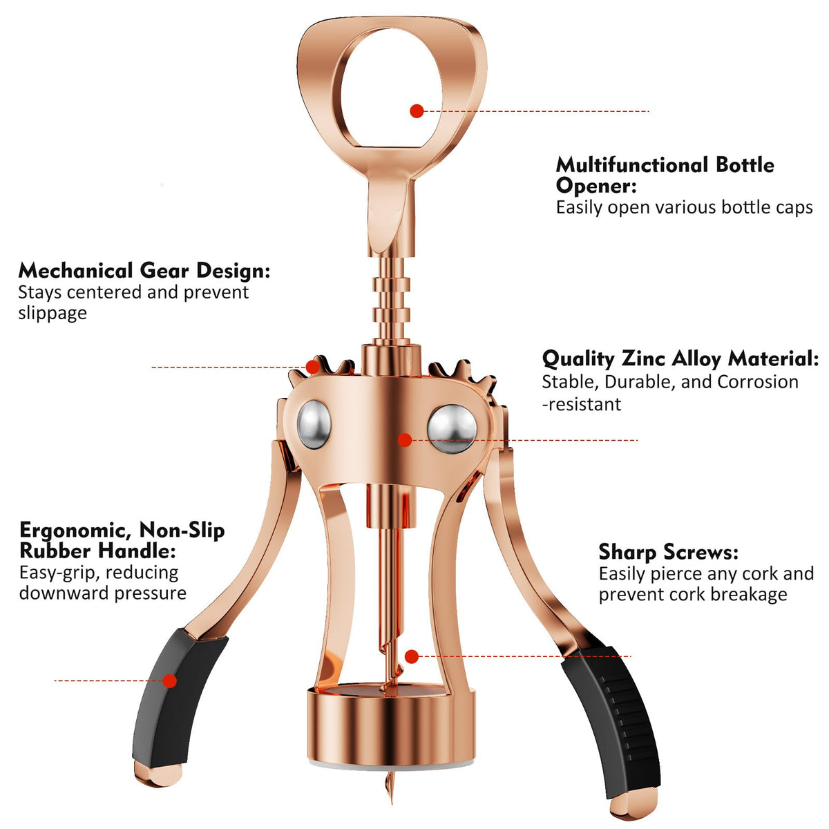 KORCCI wine opener's sharp helix centers cork with minimal effort.