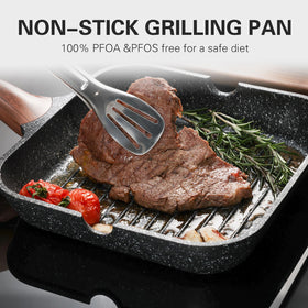 Kordisen 11-inch square grill pan on stove for versatile searing