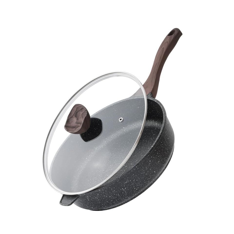 Kordisen deep frying pan with lid on stove for smokeless sautéing