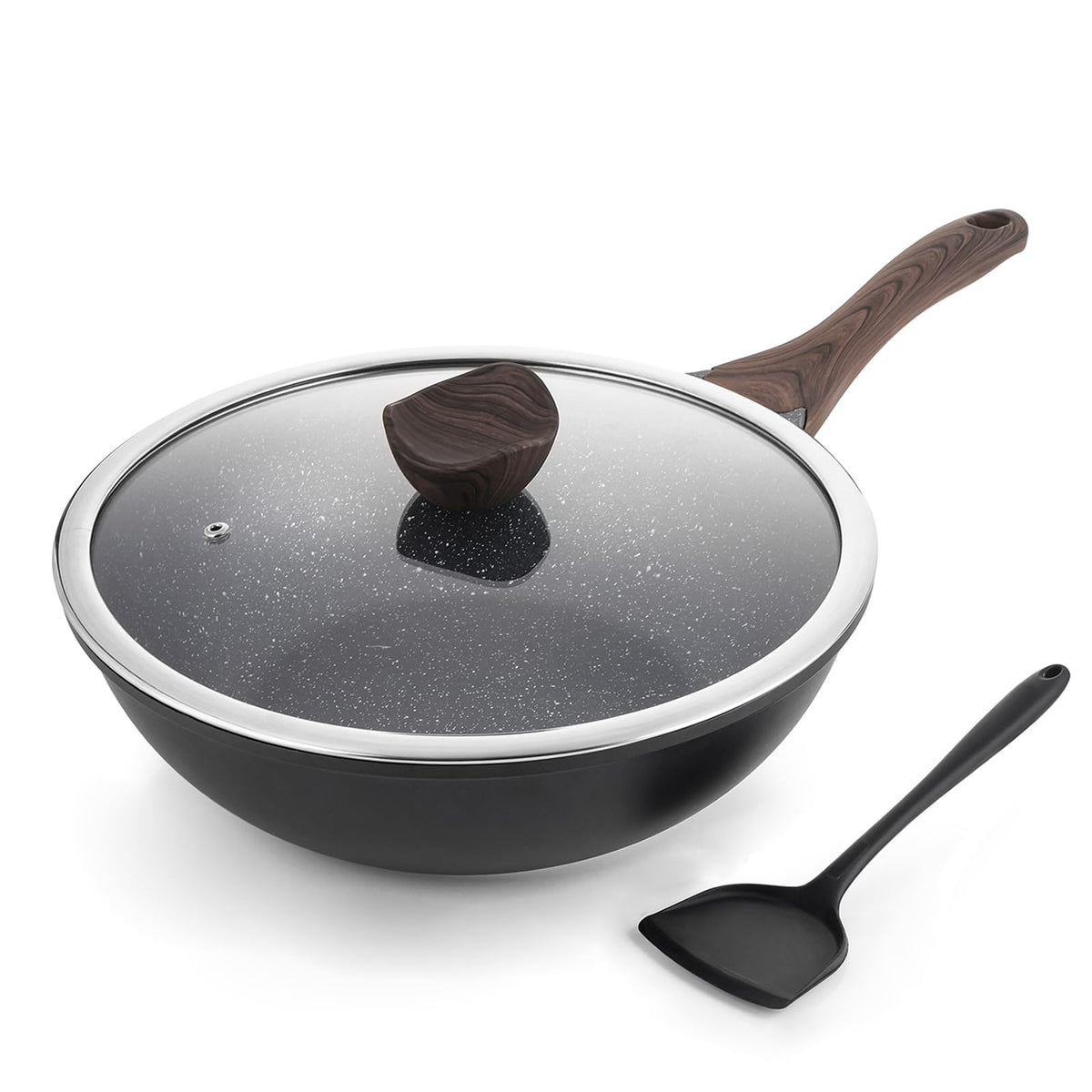 Kordisen nonstick wok lid showing the glass top and venting for monitoring cooking progress.