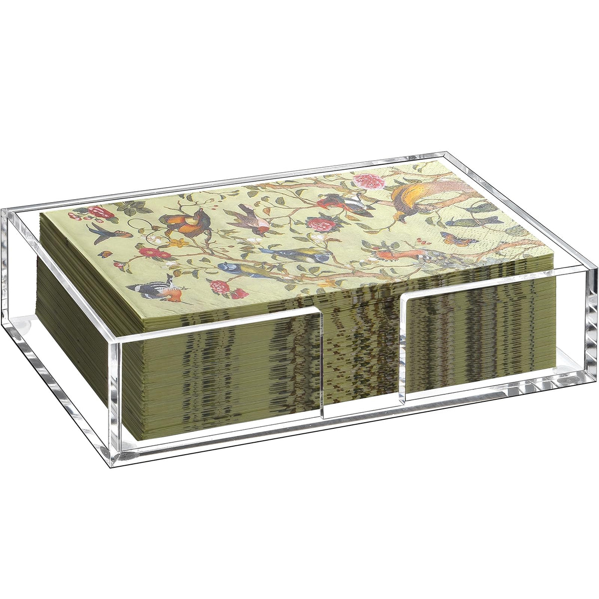 Kordory acrylic guest towel holder tray provides easy-access napkins for guests.