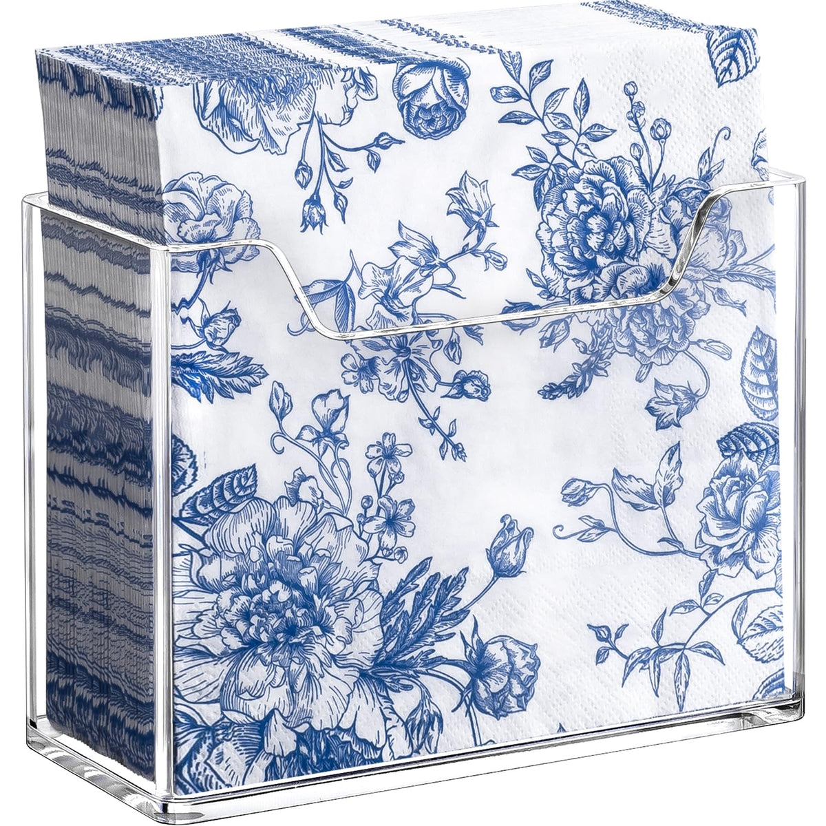 Kordory acrylic napkin holder in vertical design keeps napkins neatly organized.