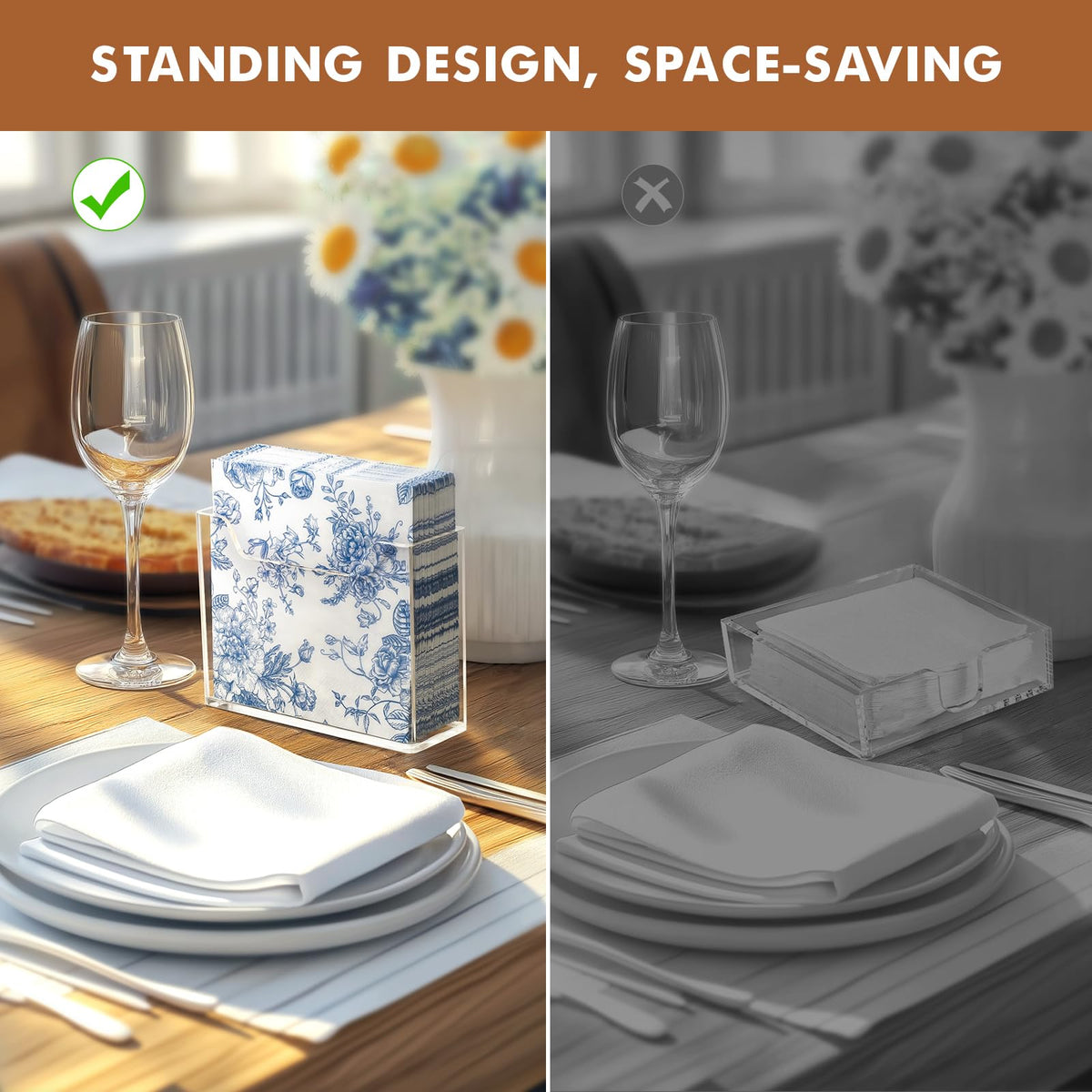 Kordory napkin holder on dining table adds tidy decor for meals.