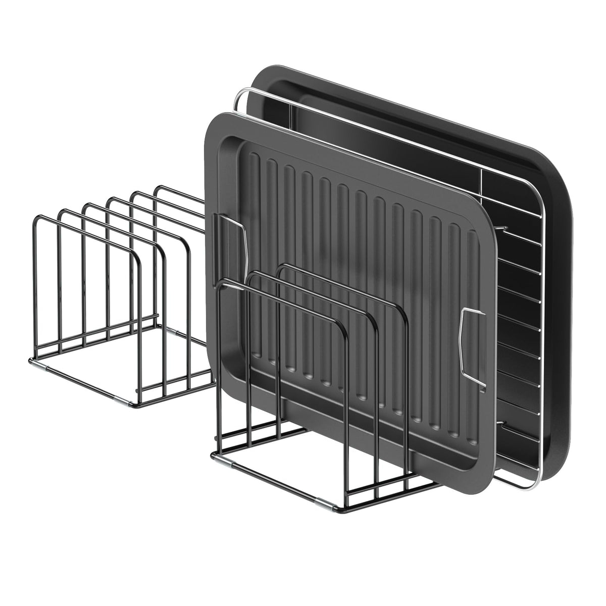 KORRTFID 5-slot cookware organizer on countertop keeping pans neatly stored.