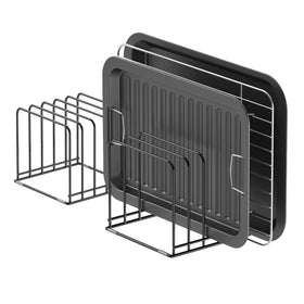 KORRTFID 5-slot cookware organizer on countertop keeping pans neatly stored.