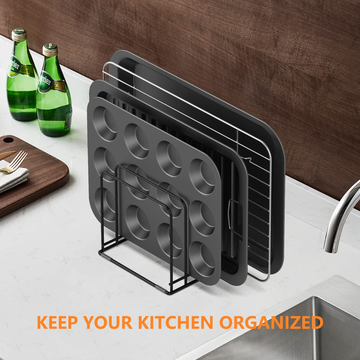 KORRTFID bakeware organizer protects delicate sheets from stacking damage.