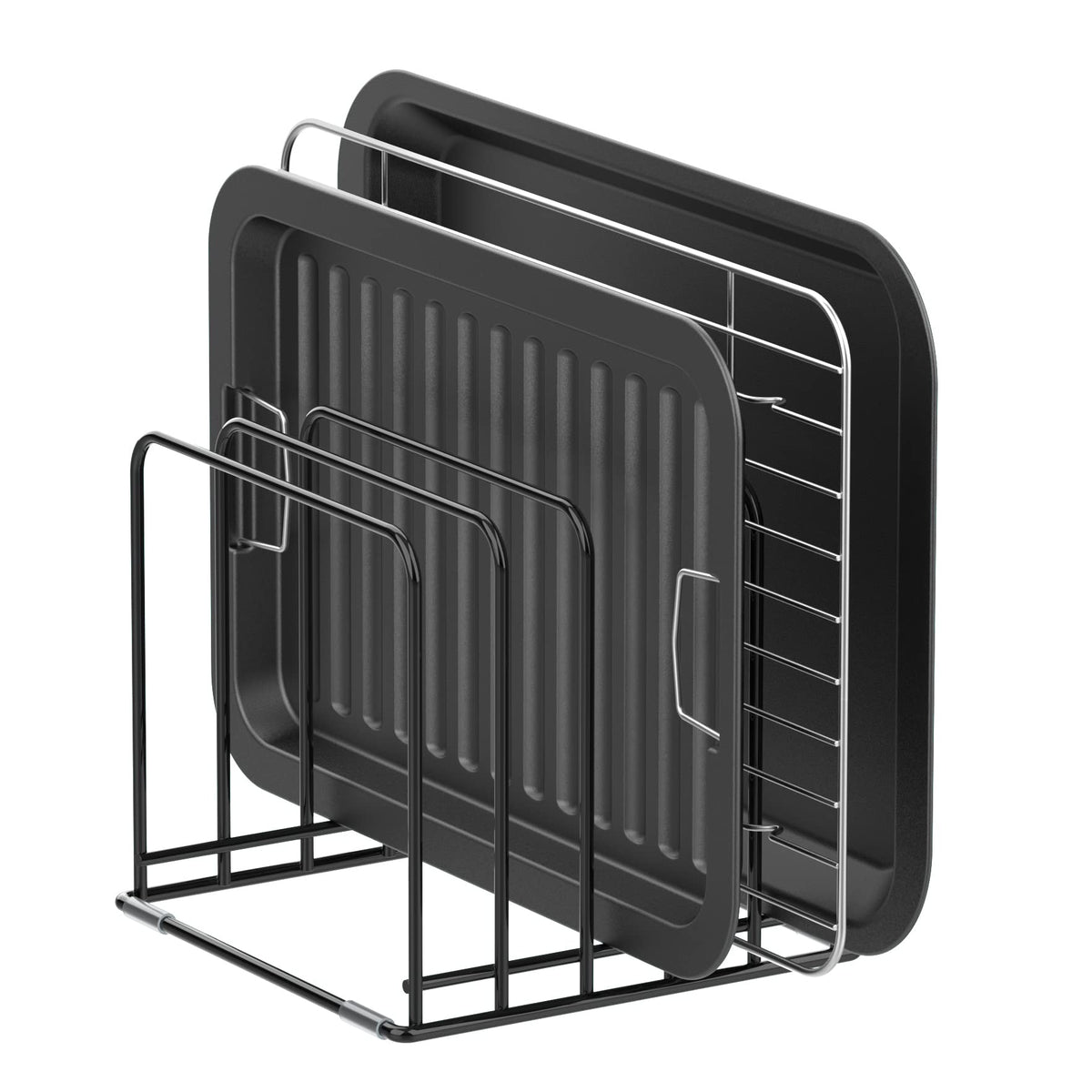 KORRTFID five-slot kitchen organizer for tidy pan and board storage.