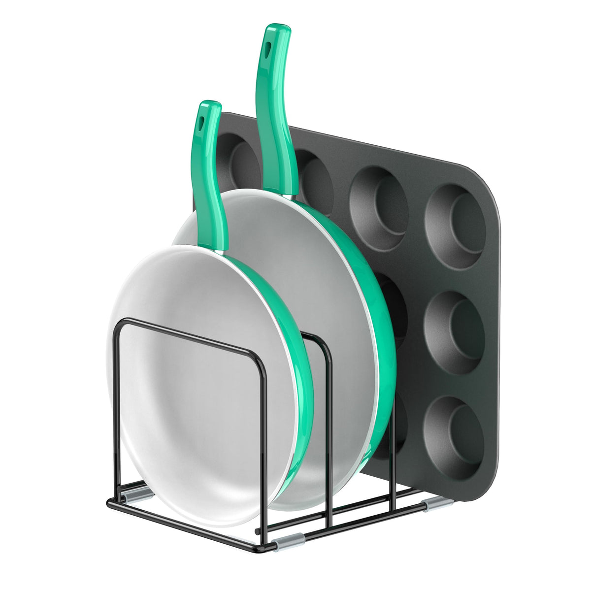 KORRTFID kitchen cabinet organizer steel rack with 3 slots for skillets.