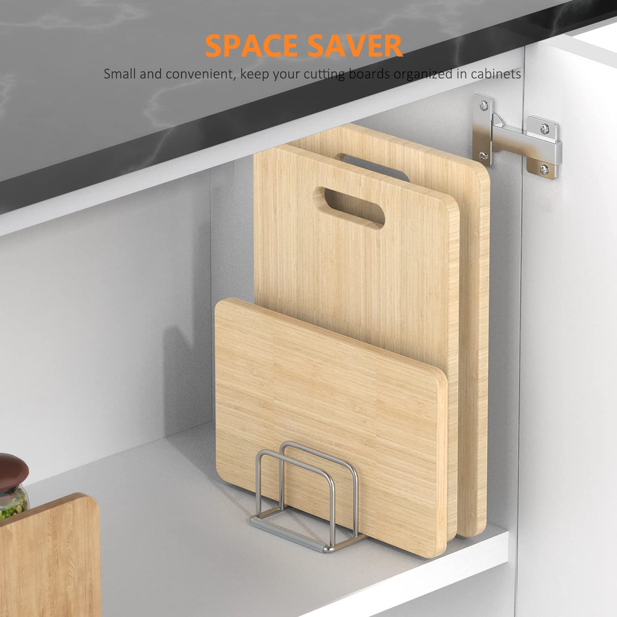 KORRTFID lid organizer rack stores pot lids for quick access.