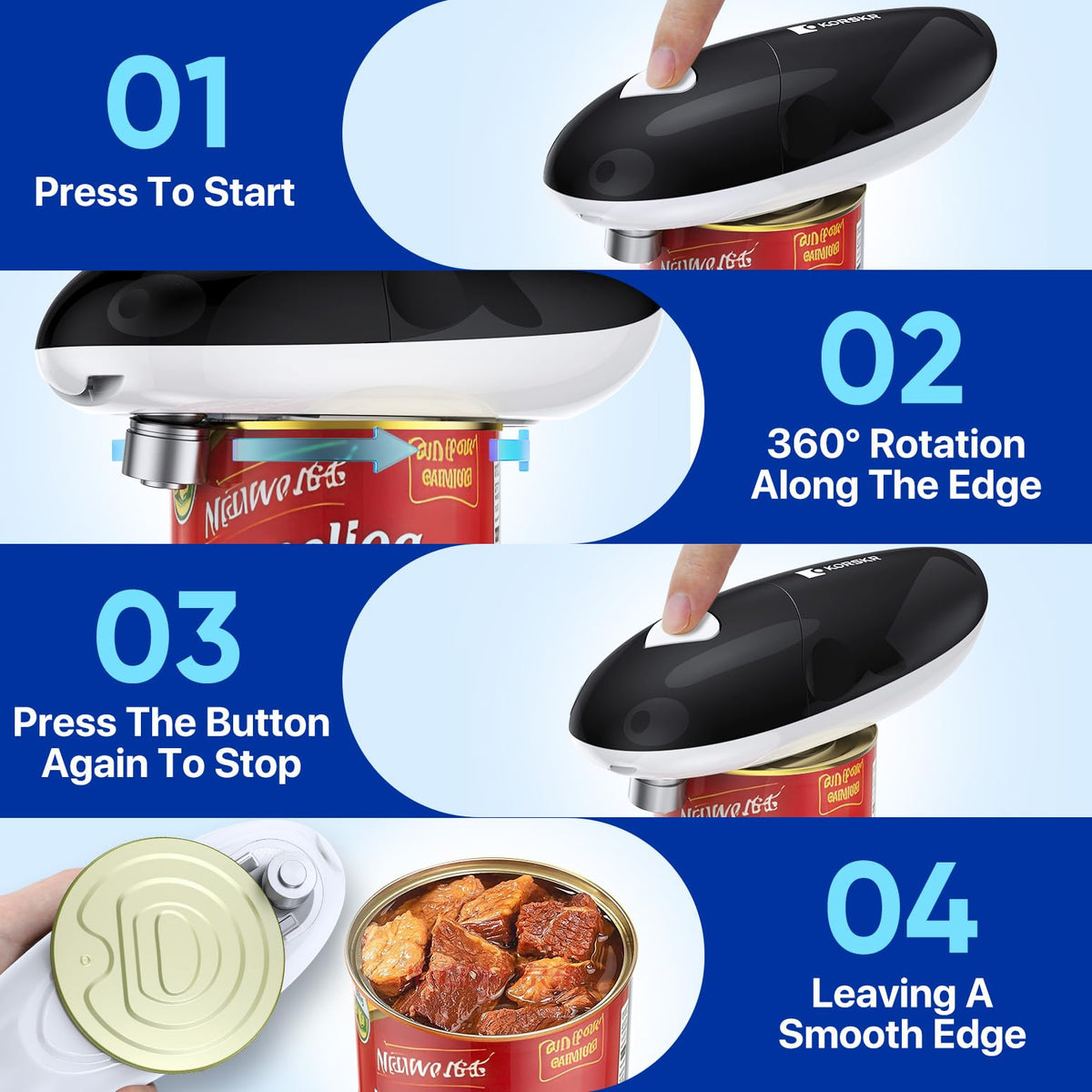 KORSKR 360-degree rotation feature opens cans smoothly while lifting the lid magnetically.