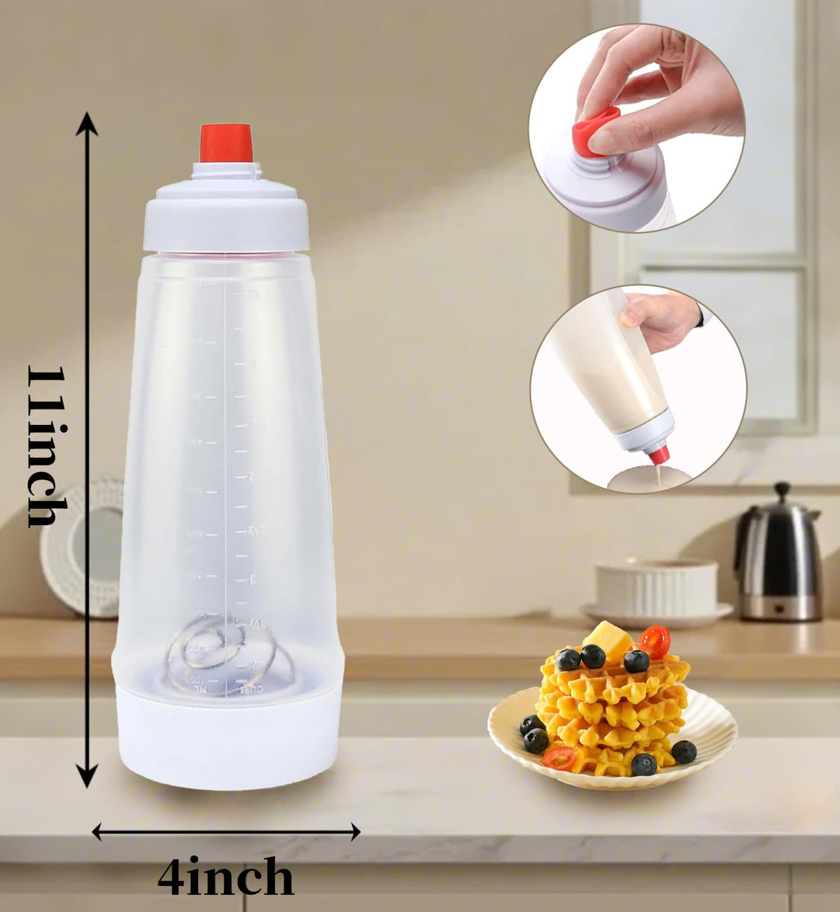 Korvanta batter dispenser with stand base keeps your countertop tidy and organized.