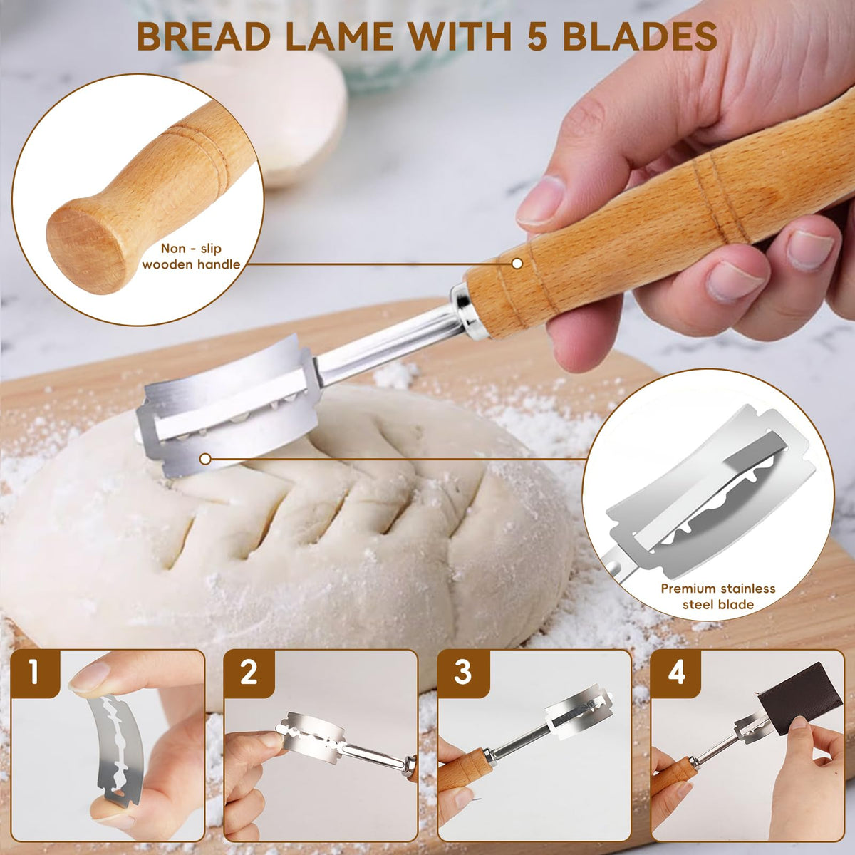 KOSBON bread sling, lame, and scraper for precise shaping.
