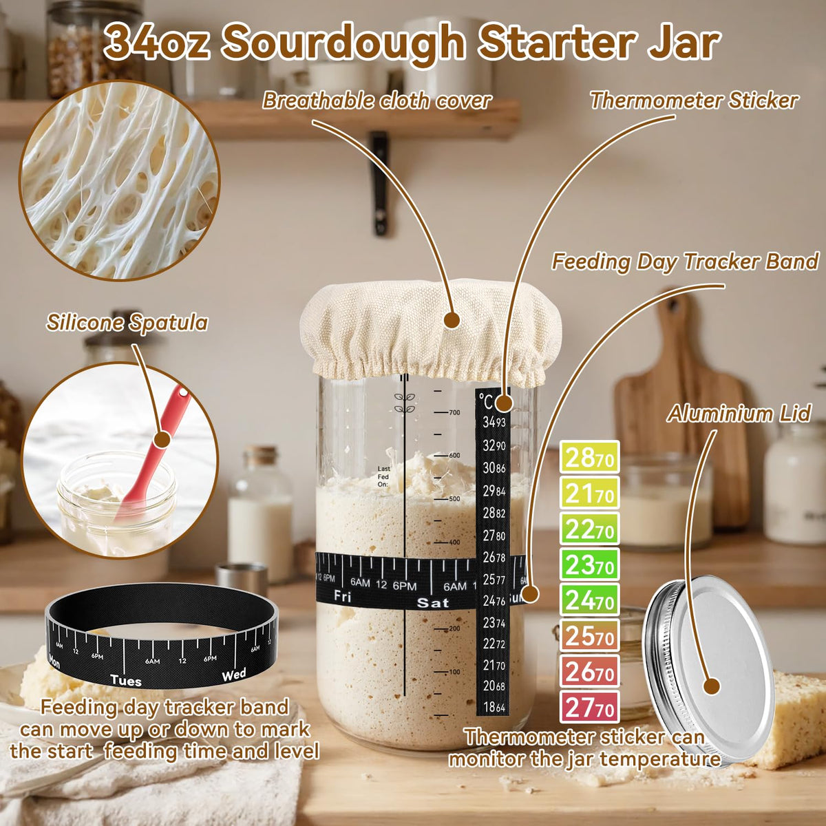 KOSBON 34oz starter jar with measurements for tracking feeding efficiently.