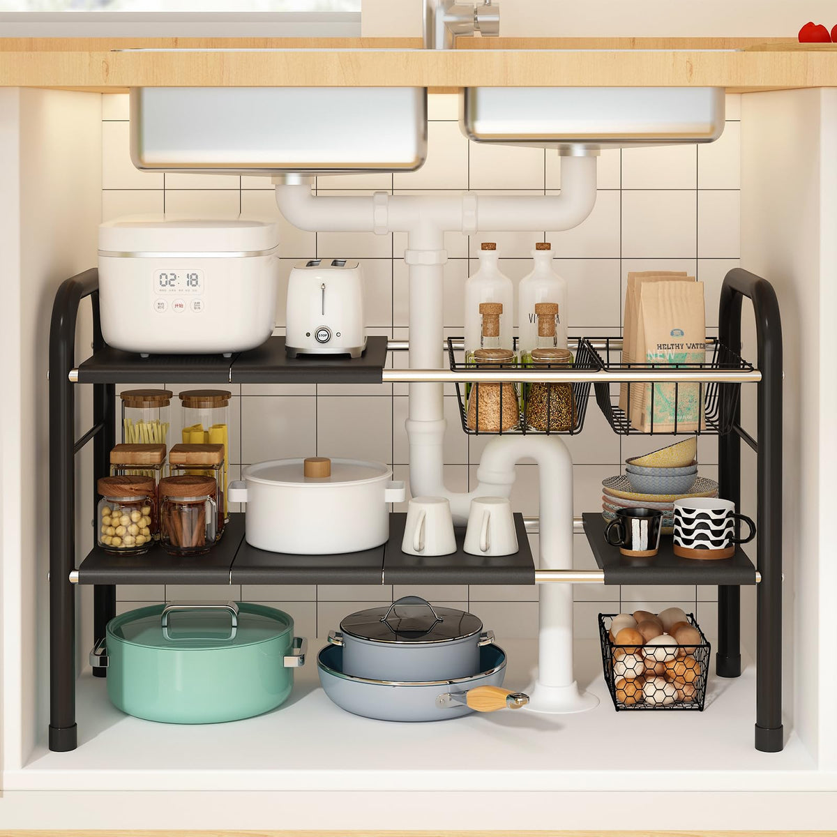 KOSIWU expandable under-sink organizer in use with easy assembly and flexible storage