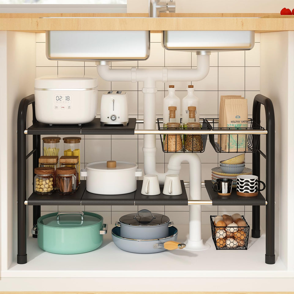 KOSIWU expandable under-sink organizer in use with easy assembly and flexible storage
