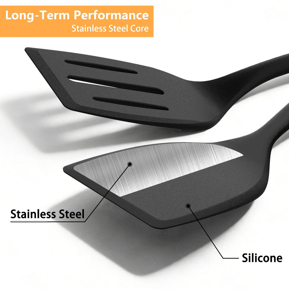 KoudHug spatula on non-stick pan protecting coatings during flipping